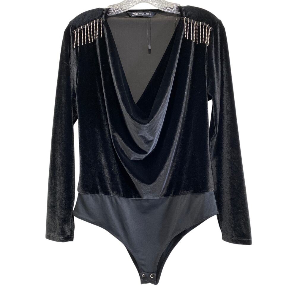 Zara Black Velvet Witchy Cowl Neck Bodysuit Size L Rhinestone Fringe Long Sleeve